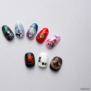エヴァンゲリオンのネイルシール（メインキャラー1）を使用したネイルチップ。シンジ、レイ、カヲル、アスカ、マリの立ち絵が使用されている。