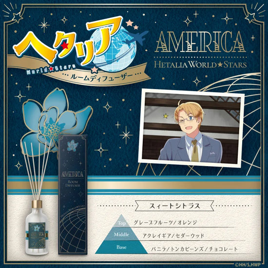 アニメ『ヘタリア World★Stars』のアメリカをモチーフにしたルームディフューザー。キャラクターのイラストと商品写真、パッケージ写真。香りの名前「スィートシトラス」。香りのピラミッドは、TOP：グレープフルーツ・オレンジ、MIDDLE：アクレイギア、セダーウッド、BASE：バニラ・トンカビーンズ・チョコレート。