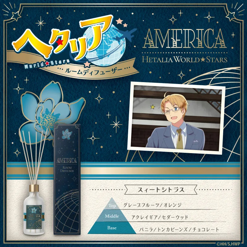 アニメ『ヘタリア World★Stars』のアメリカをモチーフにしたルームディフューザー。キャラクターのイラストと商品写真、パッケージ写真。香りの名前「スィートシトラス」。香りのピラミッドは、TOP：グレープフルーツ・オレンジ、MIDDLE：アクレイギア、セダーウッド、BASE：バニラ・トンカビーンズ・チョコレート。