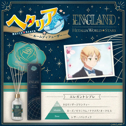 アニメ『ヘタリア World★Stars』のイギリスをモチーフにしたルームディフューザー。キャラクターのイラストと商品写真、パッケージ写真。香りの名前「エレガントシプレ」。香りのピラミッドは、TOP：ネロリ・ダージリンティー、MIDDLE：ローズ・ゼラニウム・ナツメグ・オークモス、BASE：レザー・パッチェリ。