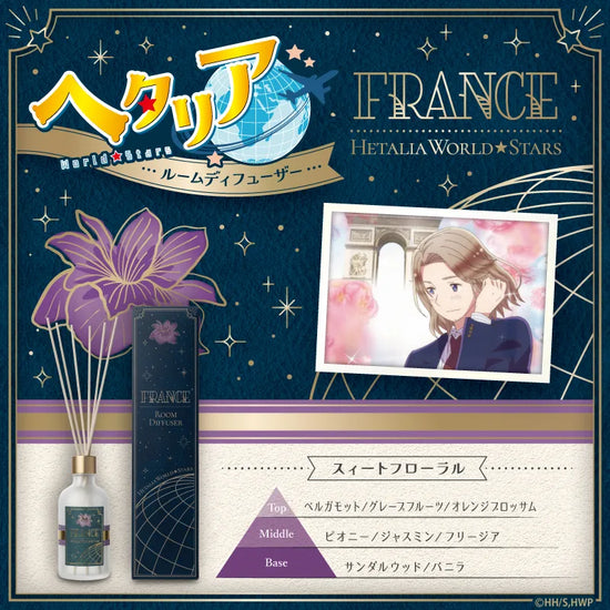 アニメ『ヘタリア World★Stars』のフランスをモチーフにしたルームディフューザー。キャラクターのイラストと商品写真、パッケージ写真。香りの名前「スィートフローラル」。香りのピラミッドは、TOP：ベルガモット・グレープフルーツ・オレンジブロッサム、MIDDLE：ピオニー・ジャスミン・フリージア、BASE：サンダルウッド・バニラ。