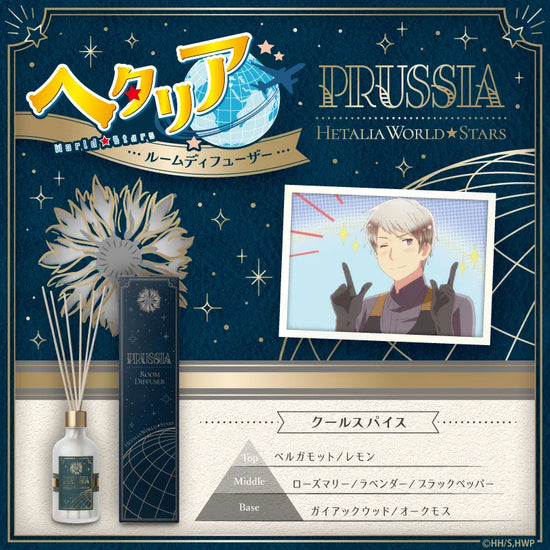 アニメ『ヘタリア World★Stars』のプロイセンをモチーフにしたルームディフューザー。キャラクターのイラストと商品写真、パッケージ写真。香りの名前「クールスパイス」。香りのピラミッドは、TOP：ベルガモット・レモン、MIDDLE：ローズマリー・ラベンダー・ブラックペッパー、BASE：ガイアックウッド・オークモス。