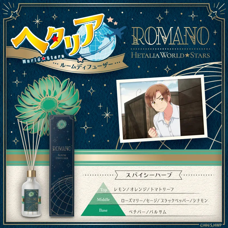 アニメ『ヘタリア World★Stars』のロマーノをモチーフにしたルームディフューザー。キャラクターのイラストと商品写真、パッケージ写真。香りの名前「スパイシーハーブ」。香りのピラミッドは、TOP：レモン・オレンジ・トマトリーフ、MIDDLE：ローズマリー・セージ・ブラックペッパー・シナモン、BASE：ペチパー・バルサム。