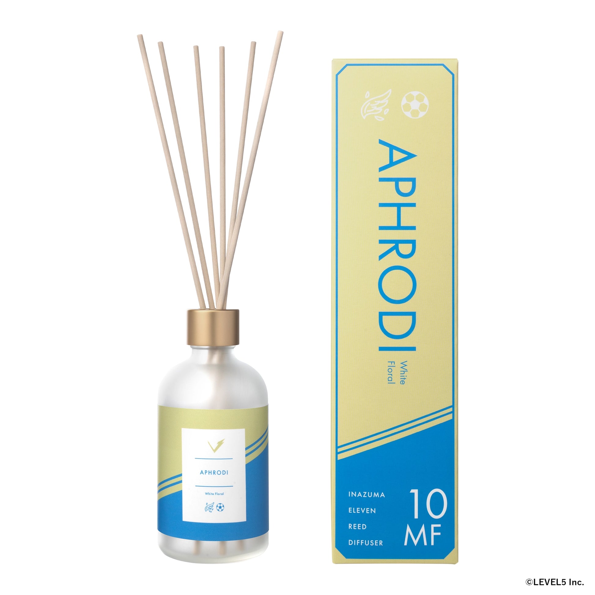 イナズマイレブン英雄たちのヴィクトリーロードのアフロディをモチーフにしたルームディフューザー。左側にルームディフューザー、右側にパッケージの写真。